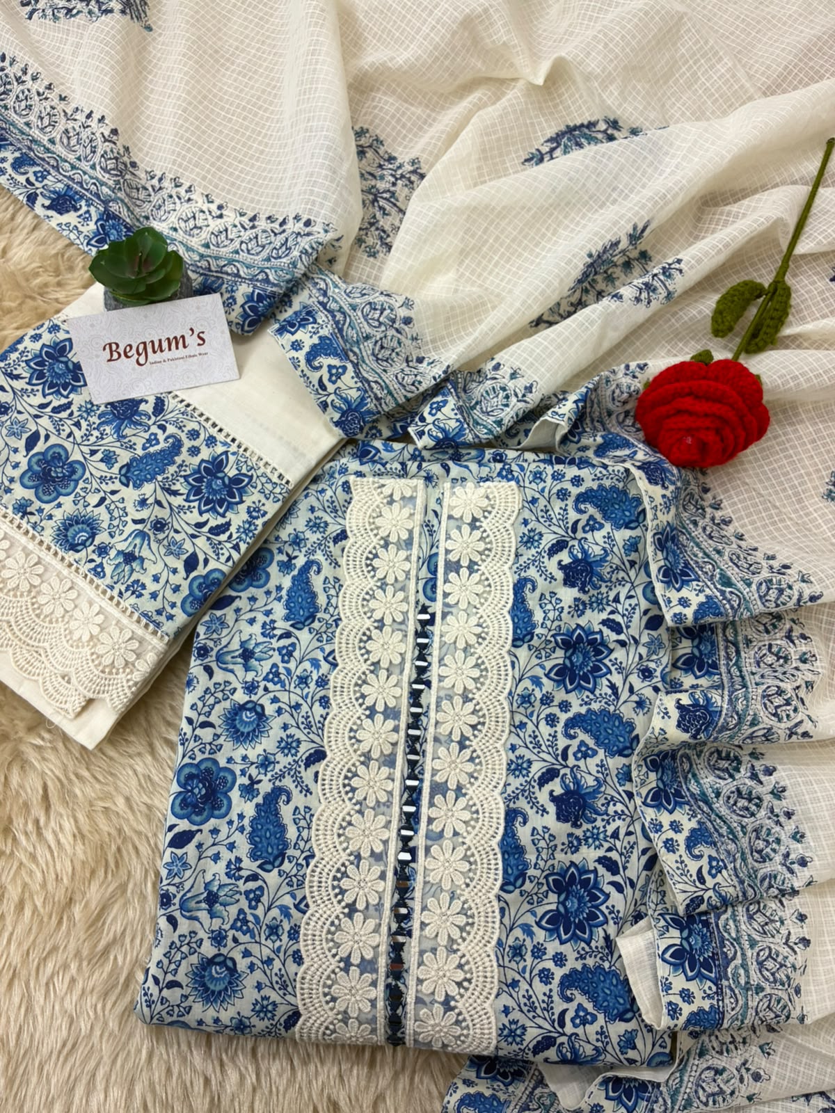 Pure cotton kalamkari print suit with beautiful lacework of shirt & bottom paired with soft kota doria hand block printed dupatta