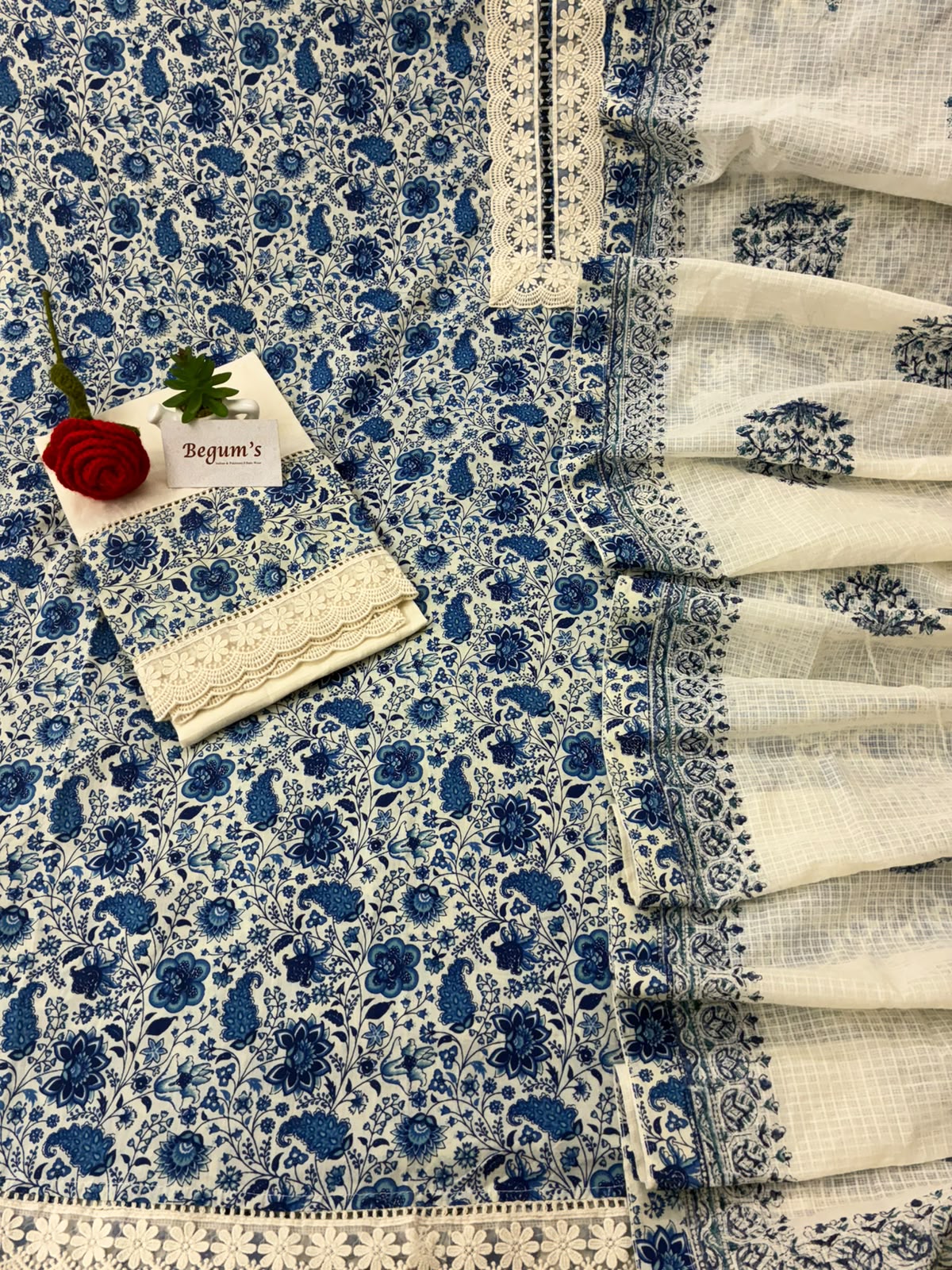 Pure cotton kalamkari print suit with beautiful lacework of shirt & bottom paired with soft kota doria hand block printed dupatta