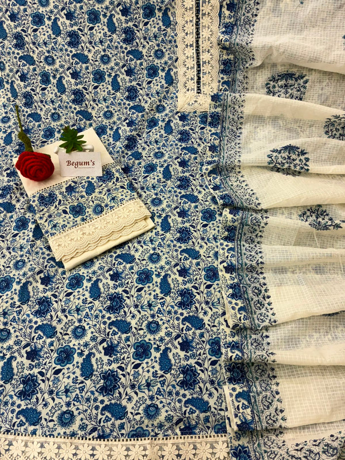 Pure cotton kalamkari print suit with beautiful lacework of shirt & bottom paired with soft kota doria hand block printed dupatta